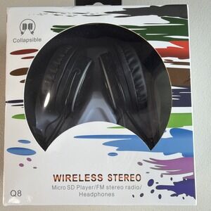 Q8 Wireless Stereo Micro Sd Player/fm Stereo Radio Headphones Black Collapsible